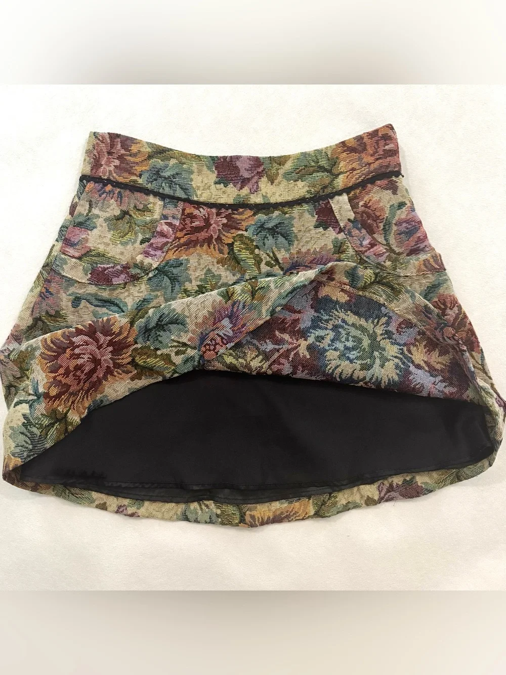Free People Tapestry Floral Flare Mini Skirt w Pockets, Taupe & Multicolor, Sz 8